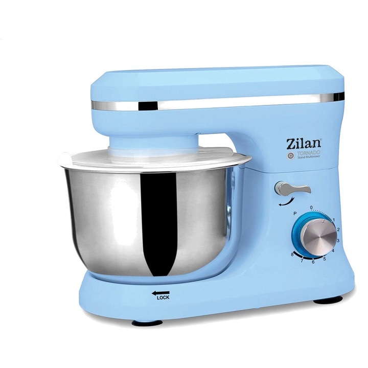 Мултифункционален миксер Zilan, мощност 1000 W, включени аксесоари, въртящ се бутон с 8 стъпки, импулсна функция, купа от неръждаема стомана 4,5 L, LED индикатор, модерен дизайн, син