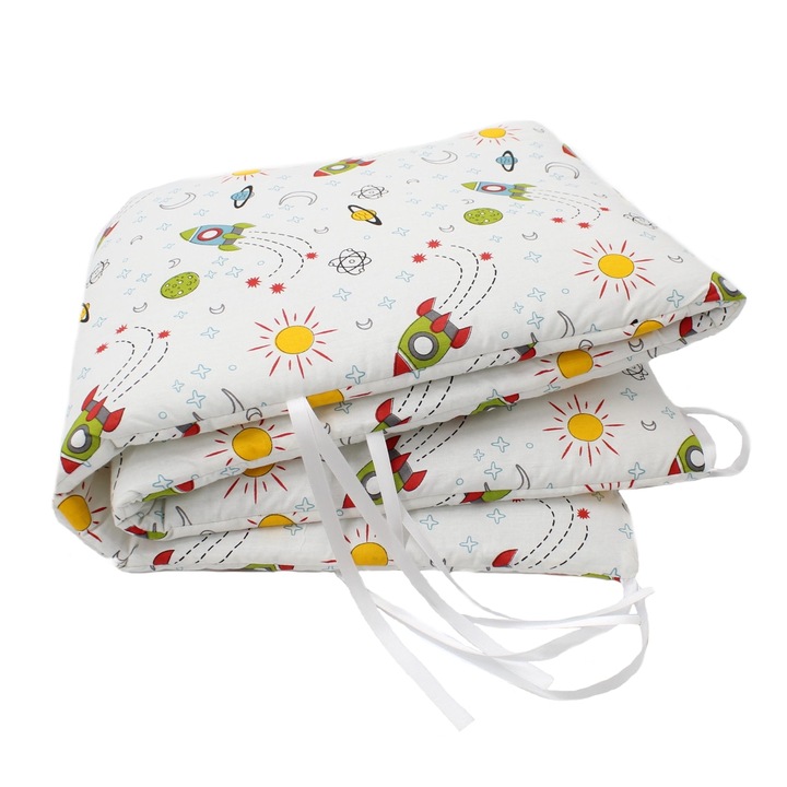 Protectie Patut Balticbebe Verde, Bumbac, 1 x Aparatoare laterala, Masinute - 180x35, 0 +