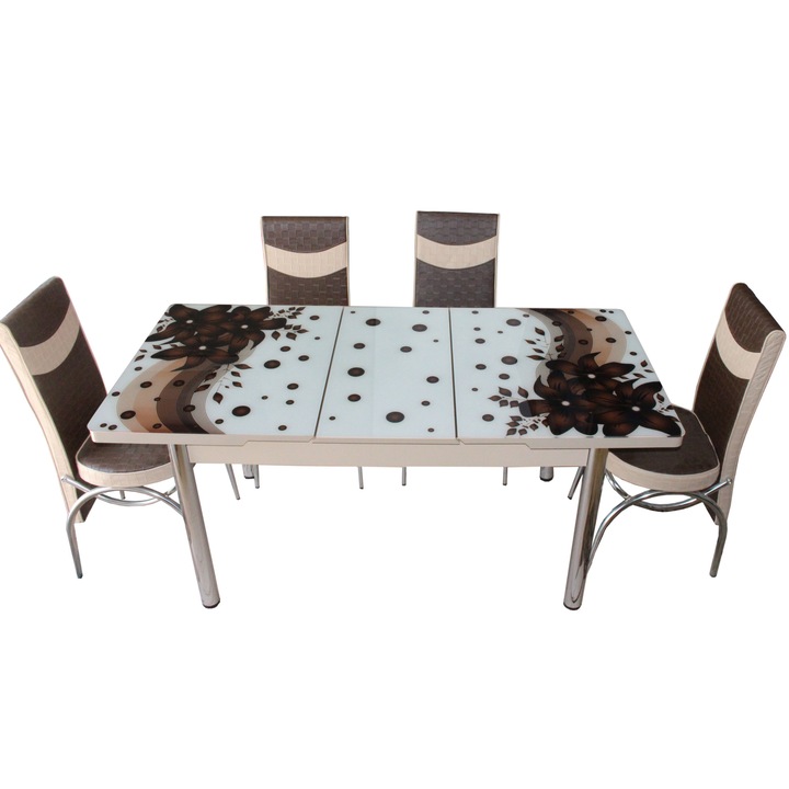 Set masa extensibila geam securizat +6 scaune piele eco, decor floral Anka Modella 170 x 80 x 76 cm, maro/bej