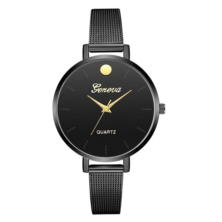 Ceas Geneva Dama Quartz Casual Elegant Negru, PN999417NU, curea din metal (mesh), afisaj Analog