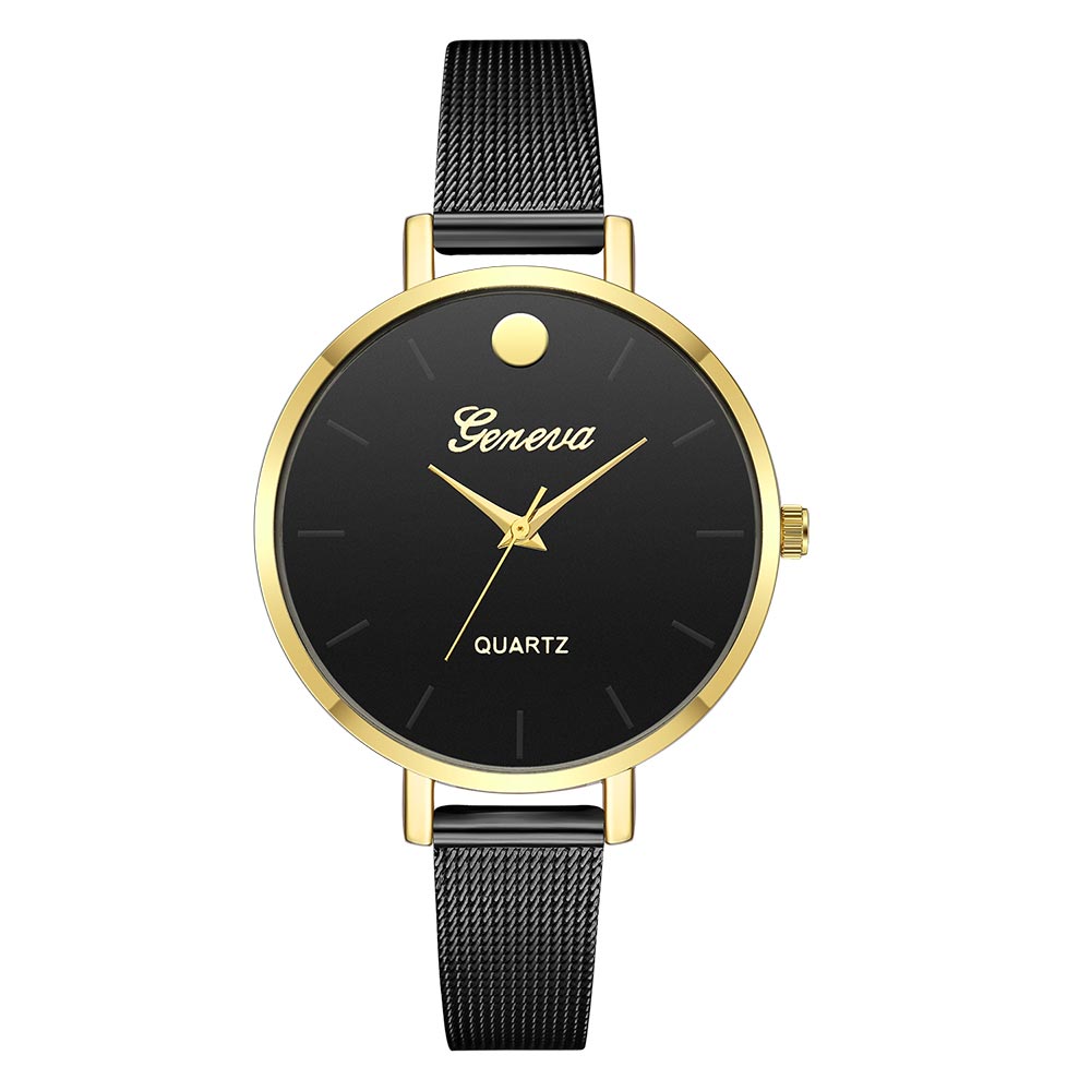 Ceas Geneva Dama Quartz Casual Elegant Negru/auriu, PN999417NGD, curea din metal (mesh), afisaj Analog