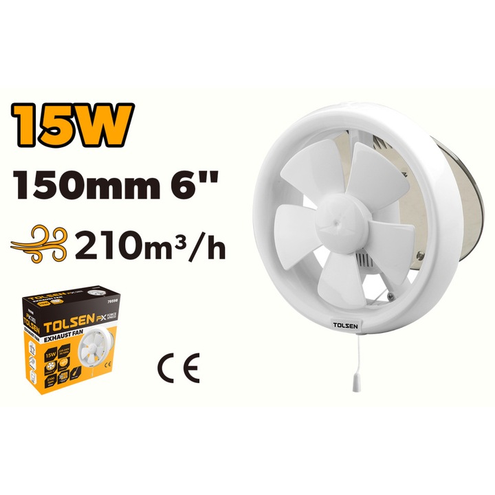 Ventilator baie TOLSEN FX Force Xpress 150 mm, 15W, 230V, 210 m³/h, Montaj pe perete, Motor cupru eficient, Tragere cu cablu, Fara mufa, Carcasa PP+AS, Pentru baie, toaleta si bucatarie