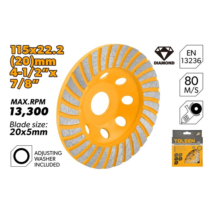 Disc diamantat Turbo TOLSEN 115 mm, Segmente slefuit suprafete beton, Lama 20 mm, Ax 22,22 mm, Precizie si durabilitate, Ideal pentru aplicatii profesionale si industriale, Disc diamantat Turbo TOLSEN 115 mm, Segmente slefuit suprafete beton, Lama 20 mm
