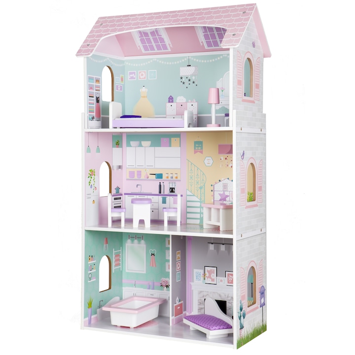 IdealStore, Lovely Purple Princess, Babaház, Fából készült, Méretei 53 x 27 x 95 cm, 3 szintre építve, 4 szobával, Bútorokkal kiegészítve, amelyek tökéletesen utánozzák a valódi lakóházat