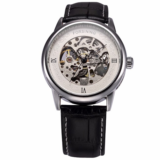 Ceas Forsining Unisex Automatic Casual Elegant Argintiu, PN999148SR, curea din piele, afisaj Analog