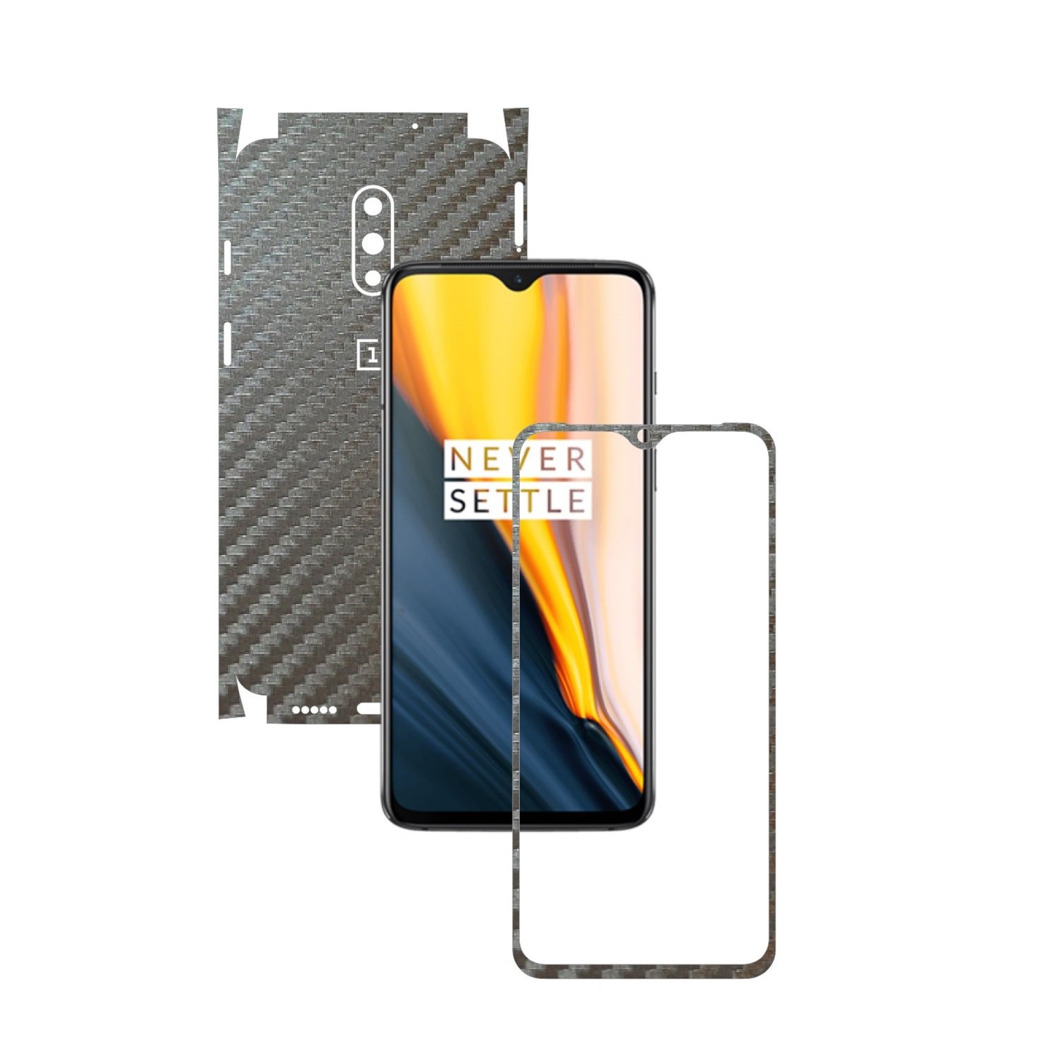 Folie Protectie Carbon Skinz pentru OnePlus 7 - Carbon Gri Argintiu 360 Cut, Skin Adeziv Full Body Cover pentru Rama Ecran, Carcasa Spate si Laterale