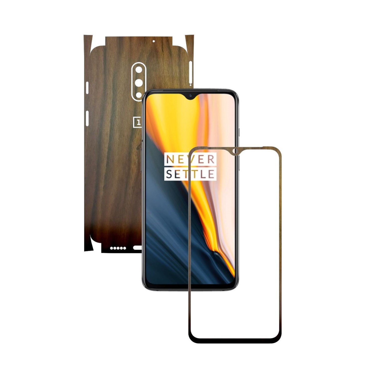 Folie Protectie Carbon Skinz pentru OnePlus 7 - Lemn Nuc 360 Cut, Skin Adeziv Full Body Cover pentru Rama Ecran, Carcasa Spate si Laterale