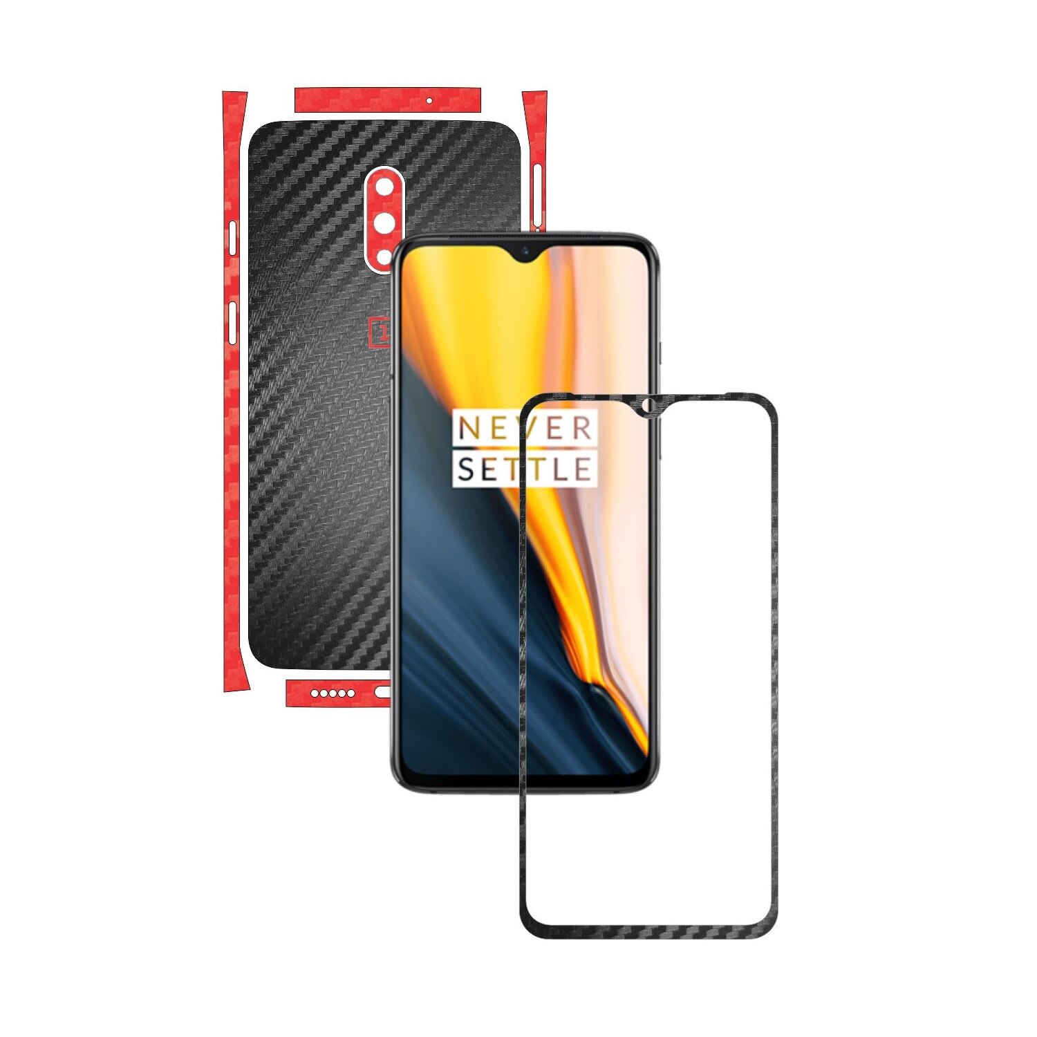 Folie Protectie Carbon Skinz pentru OnePlus 7 - Carbon Two Tone Negru / Rosu, Skin Adeziv Full Body Cover pentru Rama Ecran, Carcasa Spate si Laterale