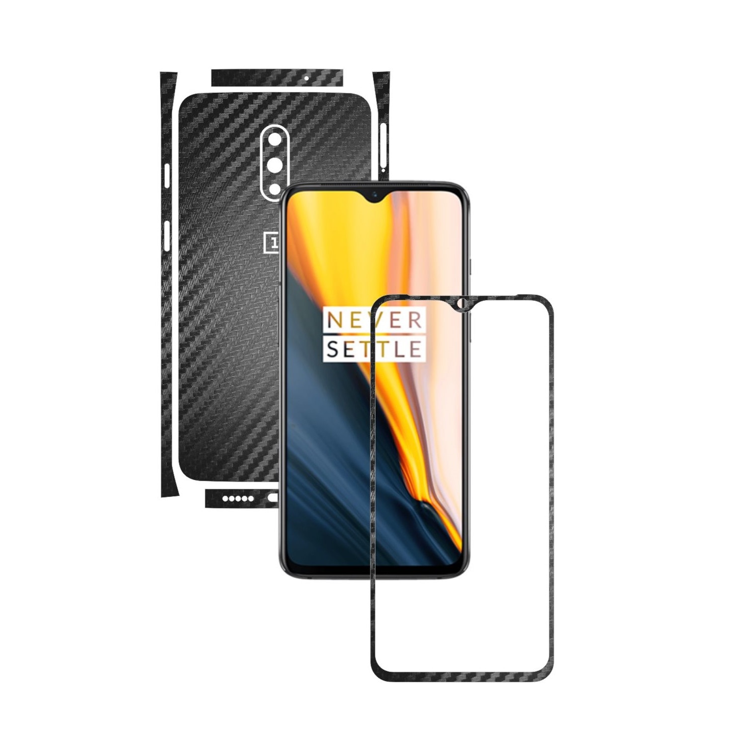 Folie Protectie Carbon Skinz pentru OnePlus 7 - Carbon Negru Split Cut, Skin Adeziv Full Body Cover pentru Rama Ecran, Carcasa Spate si Laterale