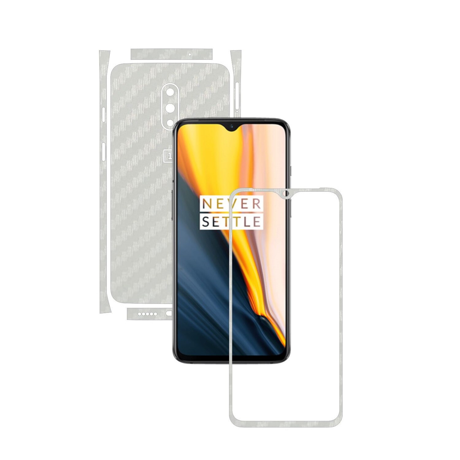 Folie Protectie Carbon Skinz pentru OnePlus 7 - Carbon Alb Split Cut, Skin Adeziv Full Body Cover pentru Rama Ecran, Carcasa Spate si Laterale