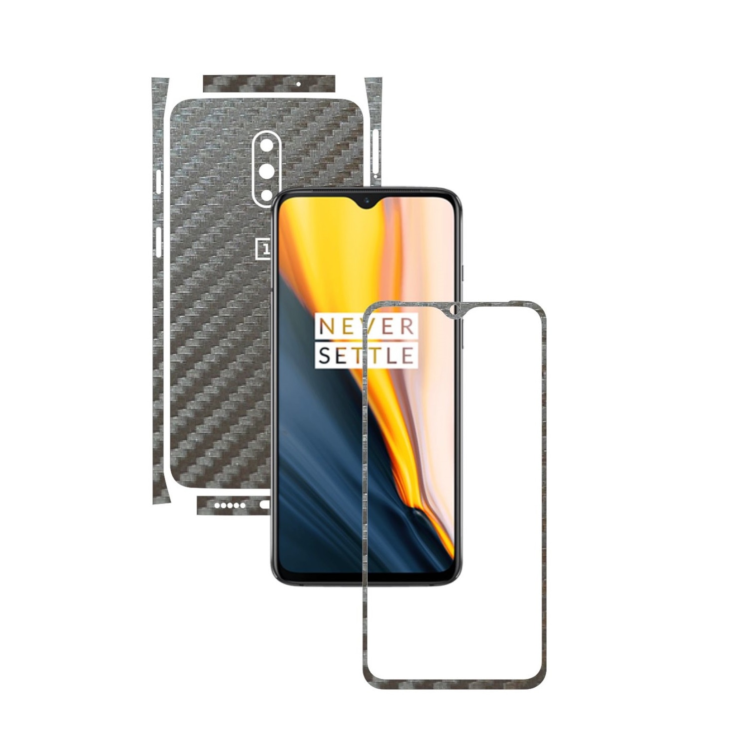 Folie Protectie Carbon Skinz pentru OnePlus 7 - Carbon Gri Argintiu Split Cut, Skin Adeziv Full Body Cover pentru Rama Ecran, Carcasa Spate si Laterale