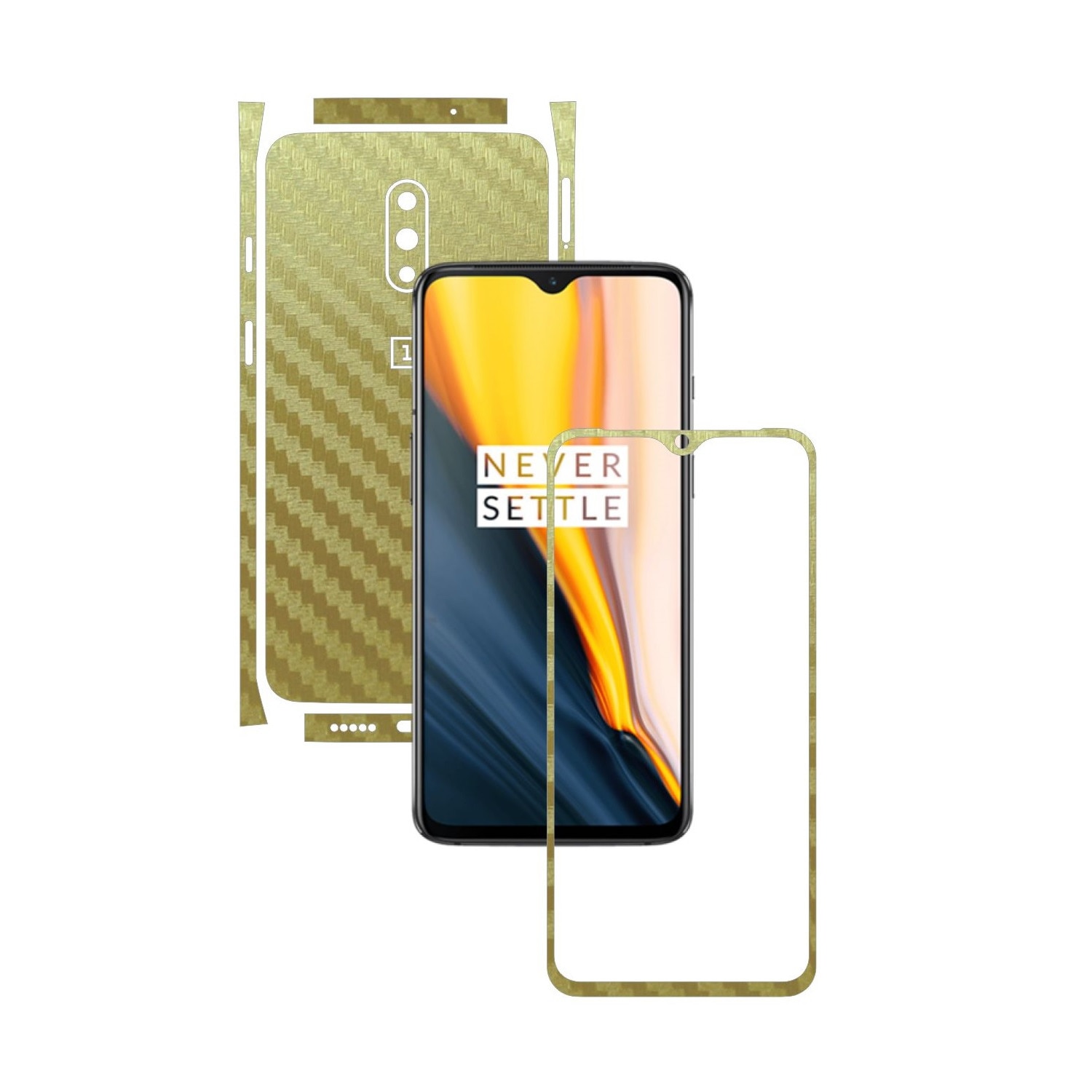 Folie Protectie Carbon Skinz pentru OnePlus 7 - Carbon Auriu Split Cut, Skin Adeziv Full Body Cover pentru Rama Ecran, Carcasa Spate si Laterale