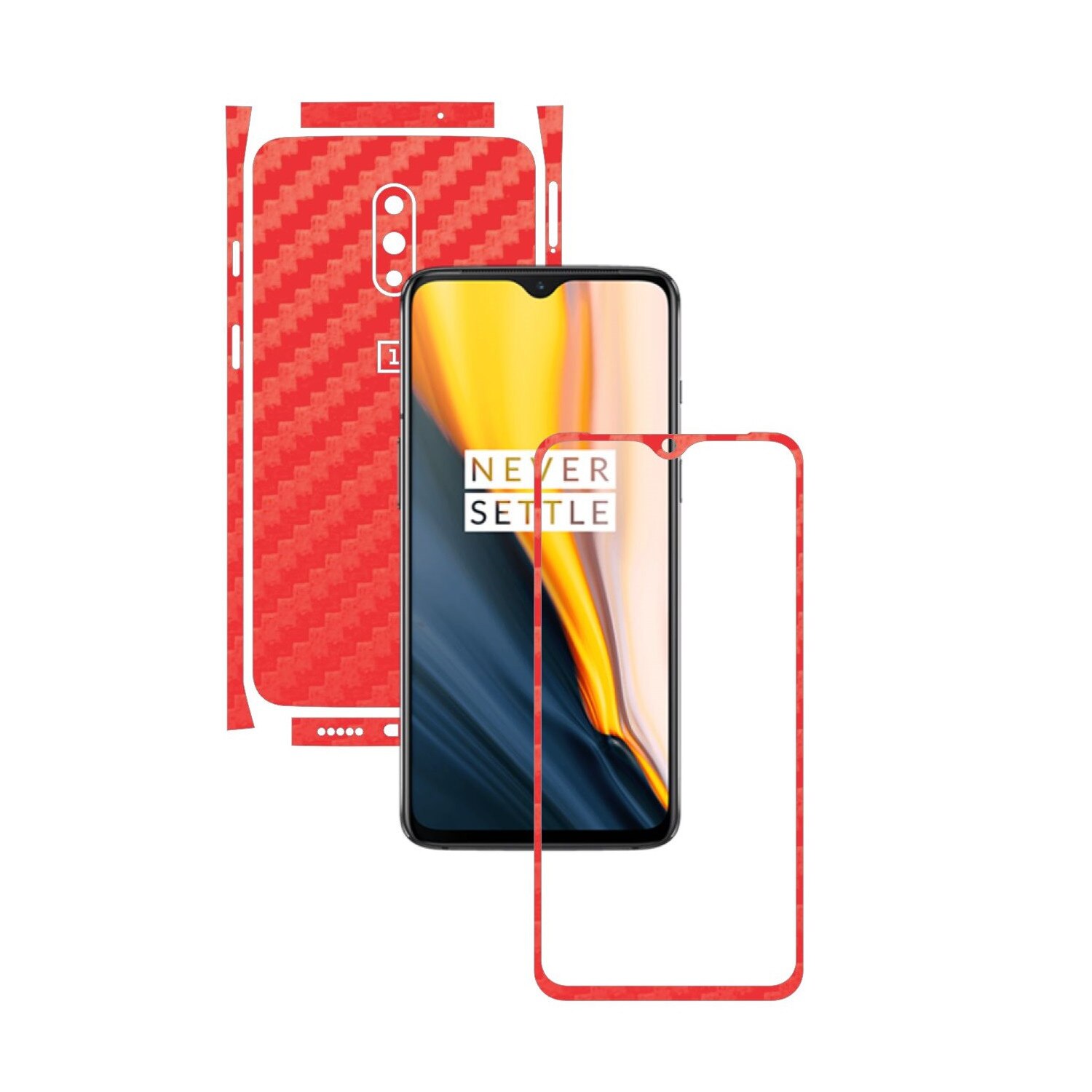 Folie Protectie Carbon Skinz pentru OnePlus 7 - Carbon Rosu Split Cut, Skin Adeziv Full Body Cover pentru Rama Ecran, Carcasa Spate si Laterale