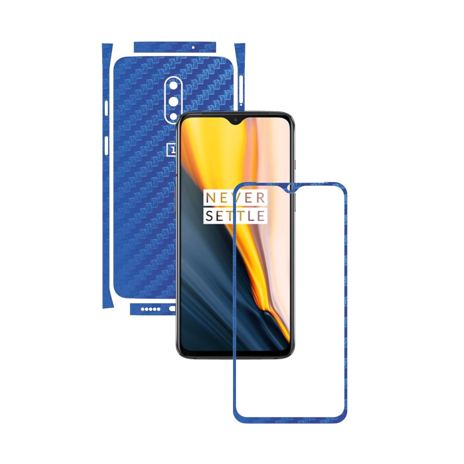 Folie Protectie Carbon Skinz pentru OnePlus 7 - Carbon Albastru Split Cut, Skin Adeziv Full Body Cover pentru Rama Ecran, Carcasa Spate si Laterale