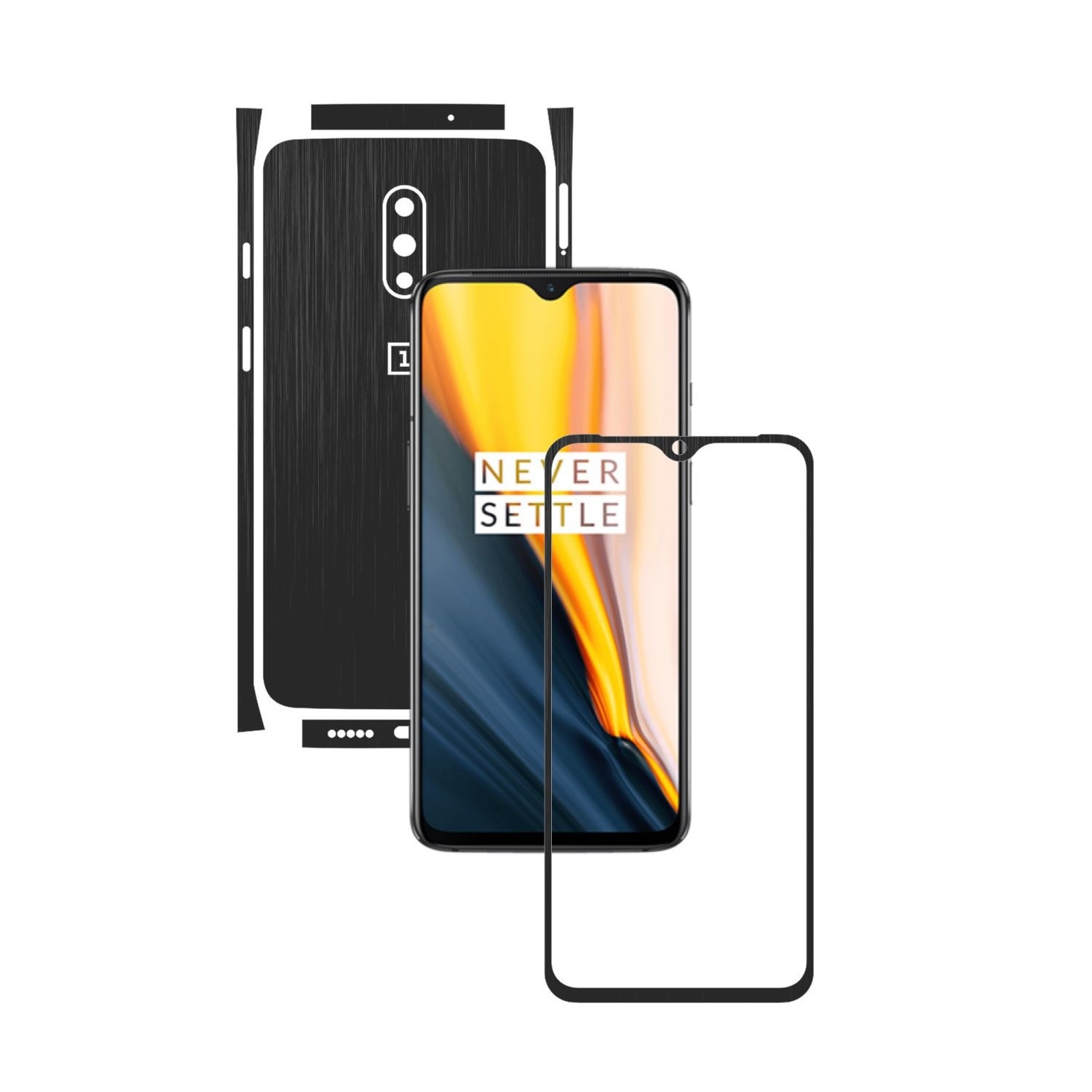 Folie Protectie Carbon Skinz pentru OnePlus 7 - Brushed Negru Split Cut, Skin Adeziv Full Body Cover pentru Rama Ecran, Carcasa Spate si Laterale