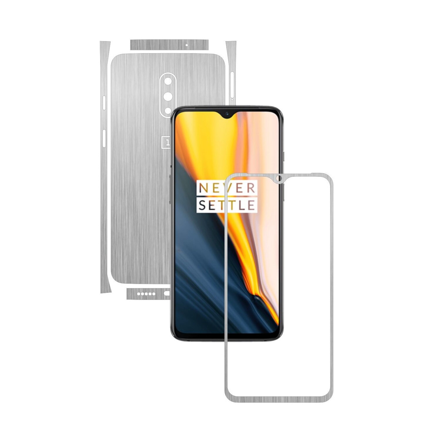 Folie Protectie Carbon Skinz pentru OnePlus 7 - Brushed Argintiu Split Cut, Skin Adeziv Full Body Cover pentru Rama Ecran, Carcasa Spate si Laterale