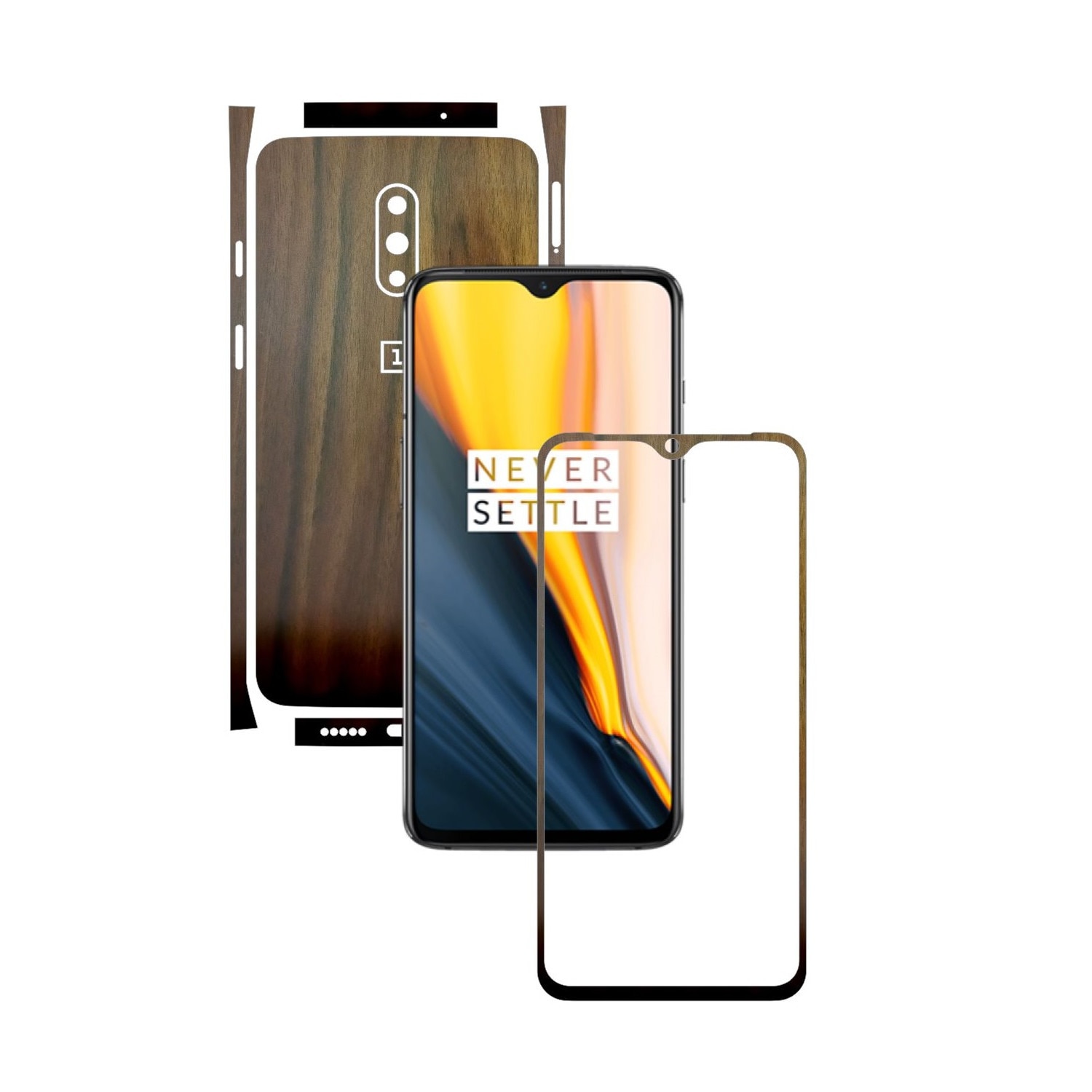 Folie Protectie Carbon Skinz pentru OnePlus 7 - Lemn Nuc Split Cut, Skin Adeziv Full Body Cover pentru Rama Ecran, Carcasa Spate si Laterale