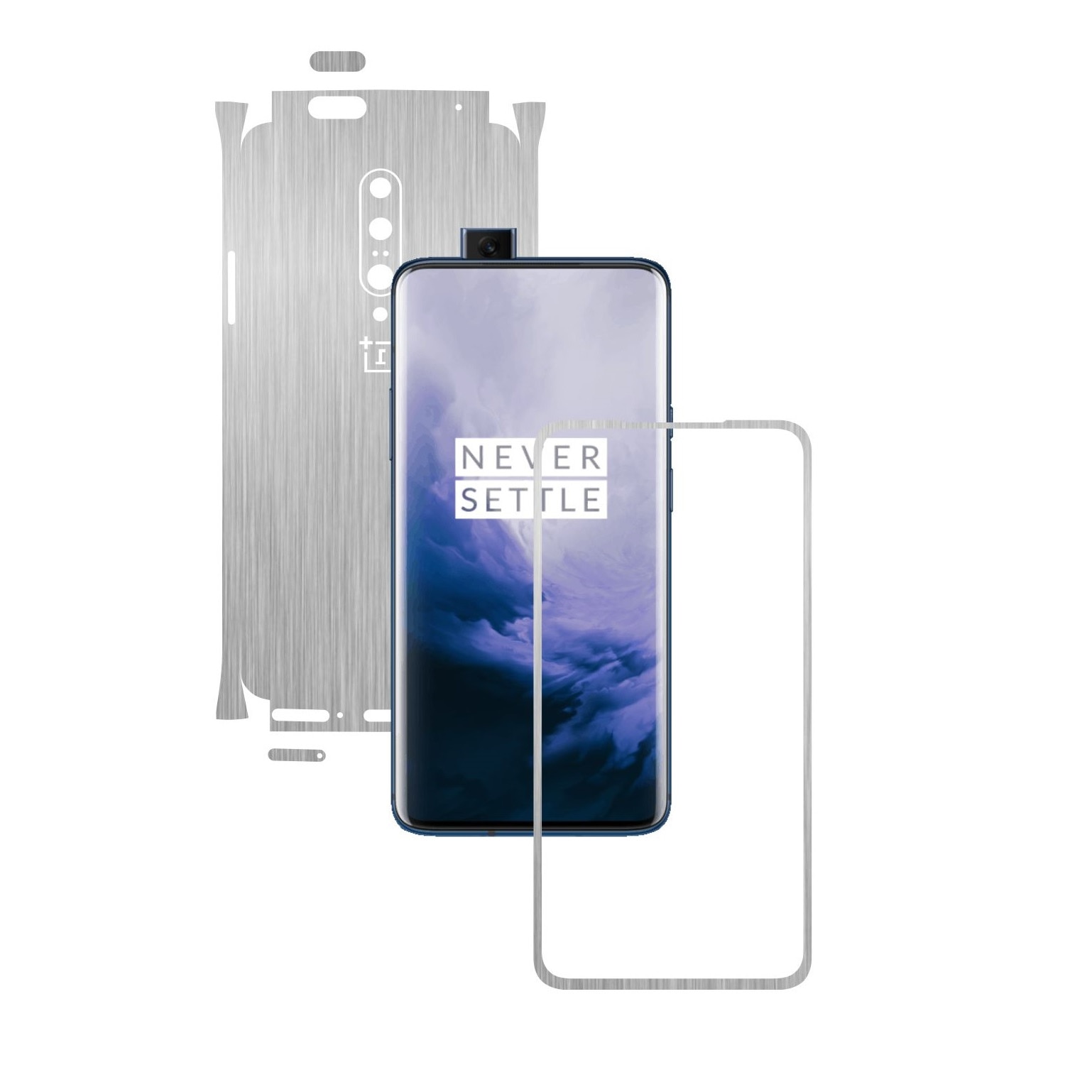 Folie Protectie Carbon Skinz pentru OnePlus 7 Pro, (5G) - Brushed Argintiu 360 Cut, Skin Adeziv Full Body Cover pentru Rama Ecran, Carcasa Spate si Laterale
