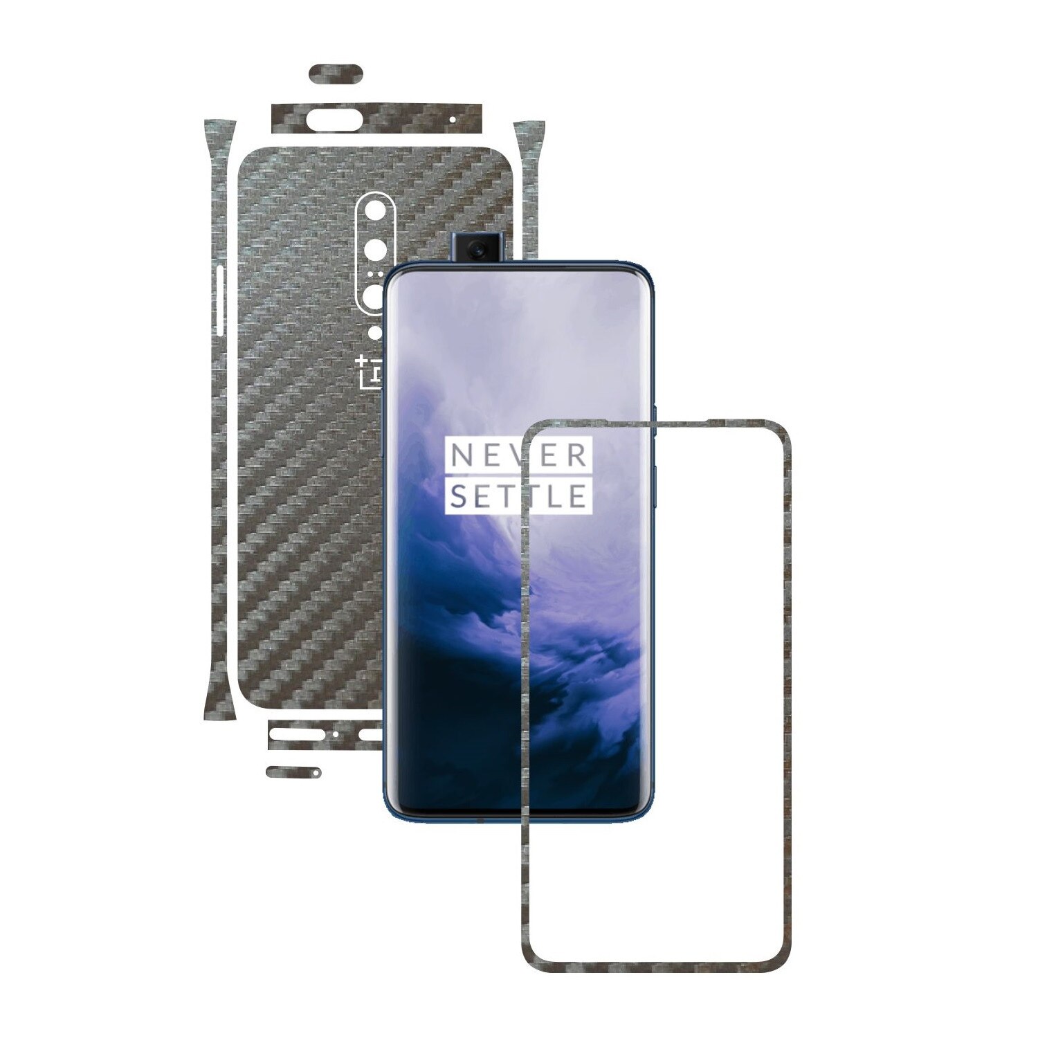 Folie Protectie Carbon Skinz pentru OnePlus 7 Pro, (5G) - Carbon Gri Argintiu Split Cut, Skin Adeziv Full Body Cover pentru Rama Ecran, Carcasa Spate si Laterale