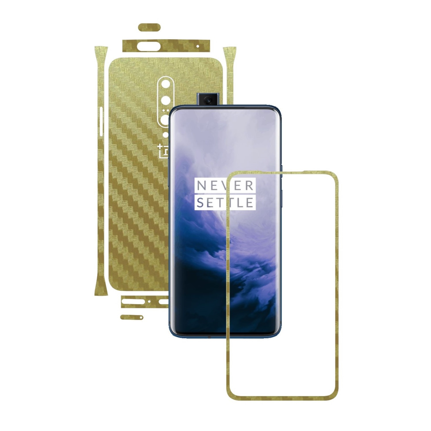 Folie Protectie Carbon Skinz pentru OnePlus 7 Pro, (5G) - Carbon Auriu Split Cut, Skin Adeziv Full Body Cover pentru Rama Ecran, Carcasa Spate si Laterale