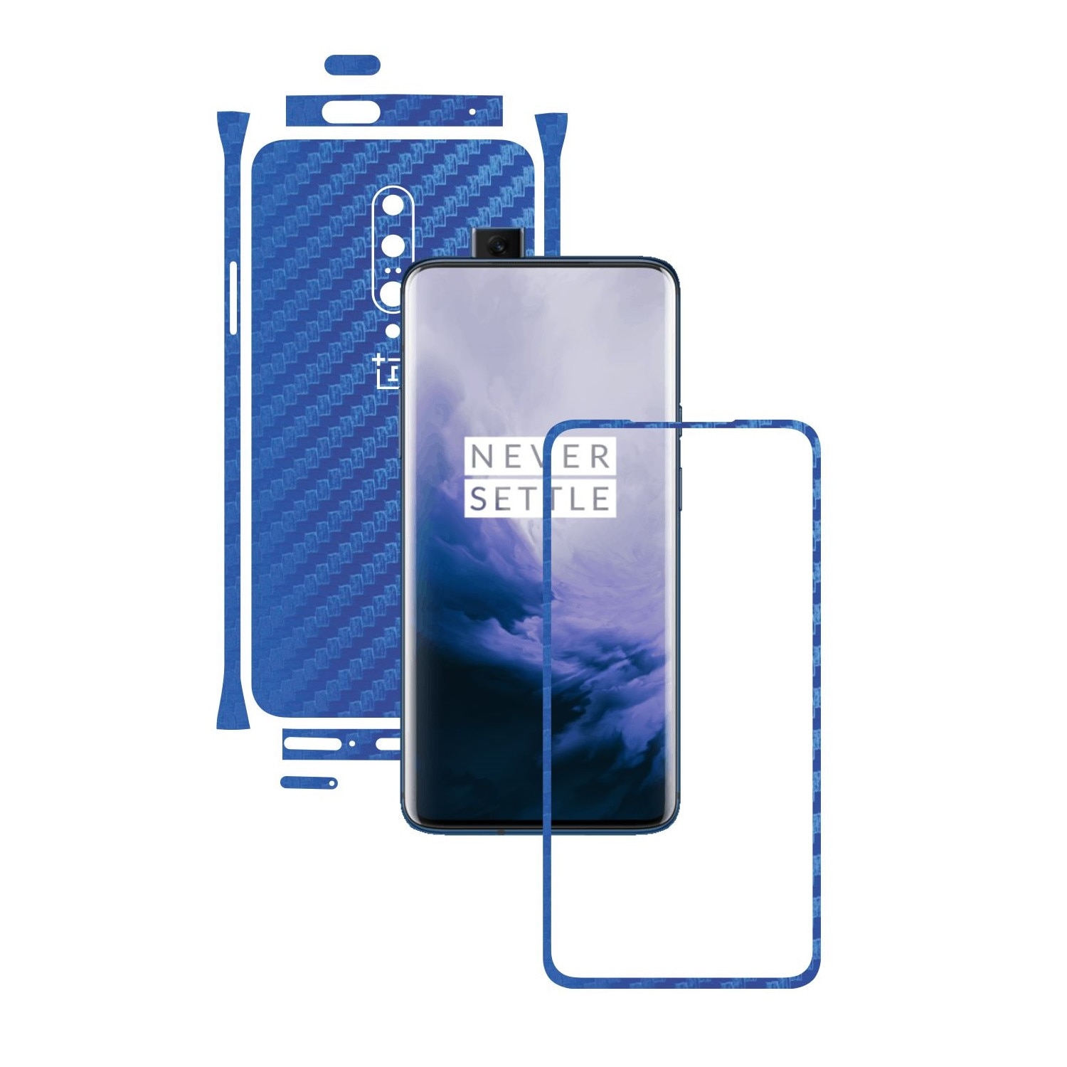 Folie Protectie Carbon Skinz pentru OnePlus 7 Pro, (5G) - Carbon Albastru Split Cut, Skin Adeziv Full Body Cover pentru Rama Ecran, Carcasa Spate si Laterale