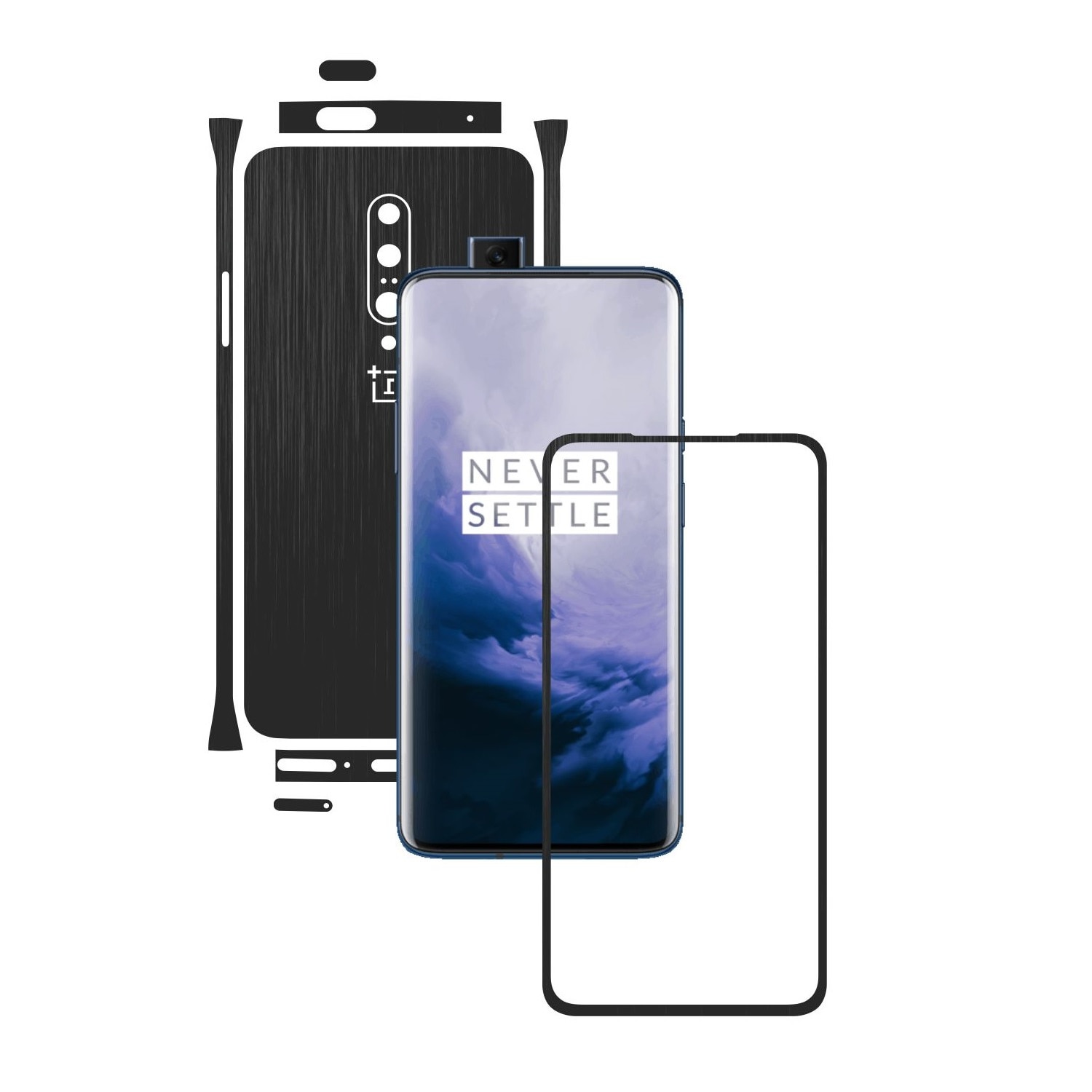 Folie Protectie Carbon Skinz pentru OnePlus 7 Pro, (5G) - Brushed Negru Split Cut, Skin Adeziv Full Body Cover pentru Rama Ecran, Carcasa Spate si Laterale