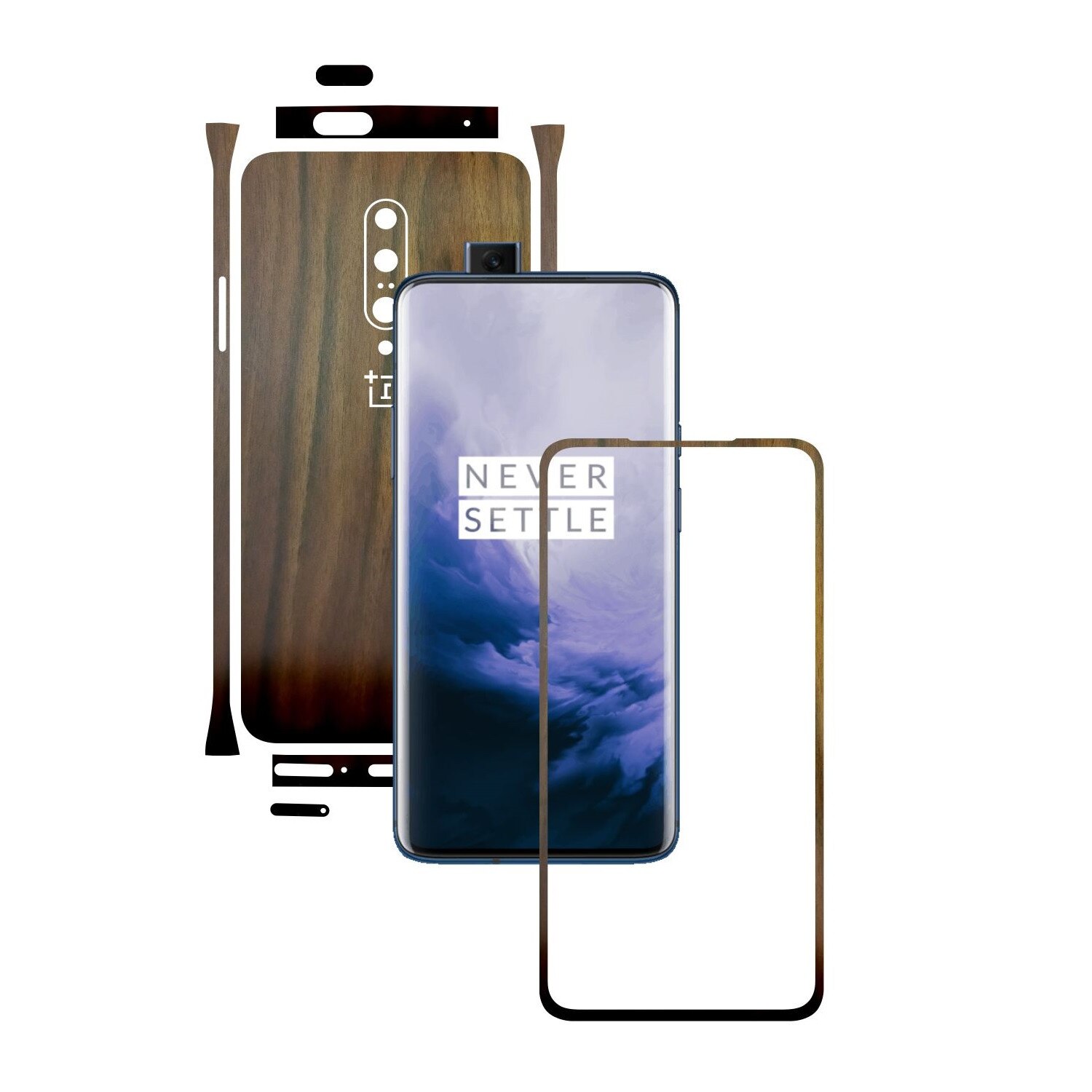 Folie Protectie Carbon Skinz pentru OnePlus 7 Pro, (5G) - Lemn Nuc Split Cut, Skin Adeziv Full Body Cover pentru Rama Ecran, Carcasa Spate si Laterale