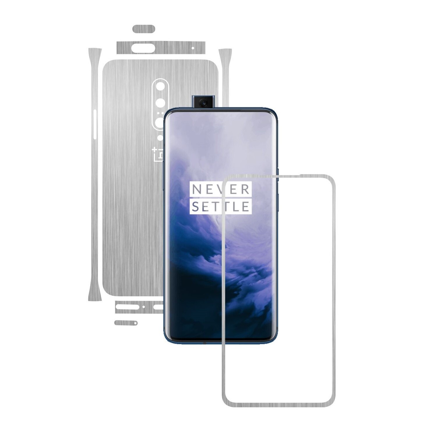 Folie Protectie Carbon Skinz pentru OnePlus 7 Pro, (5G) - Brushed Argintiu Split Cut, Skin Adeziv Full Body Cover pentru Rama Ecran, Carcasa Spate si Laterale
