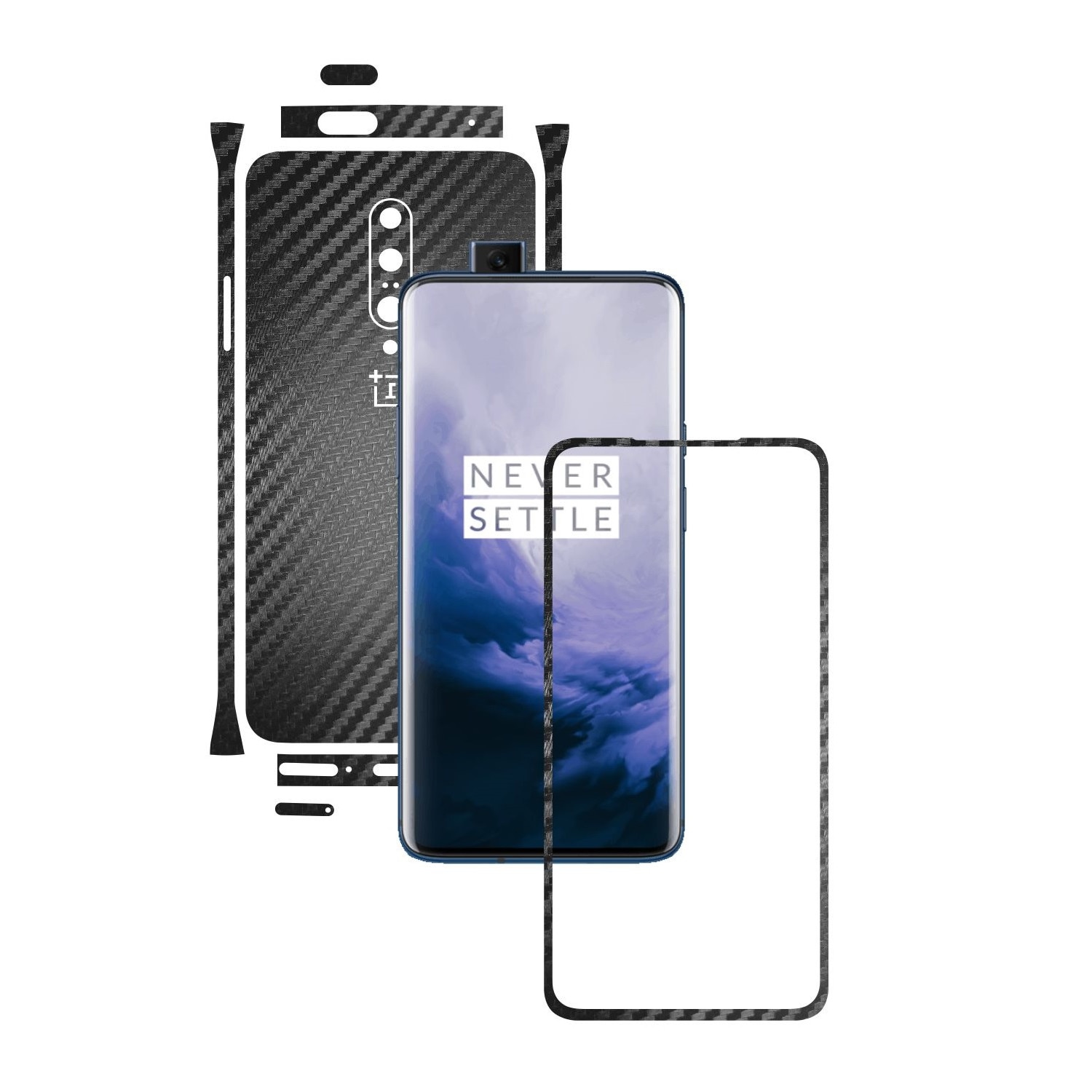 Folie Protectie Carbon Skinz pentru OnePlus 7 Pro, (5G) - Carbon Negru Split Cut, Skin Adeziv Full Body Cover pentru Rama Ecran, Carcasa Spate si Laterale