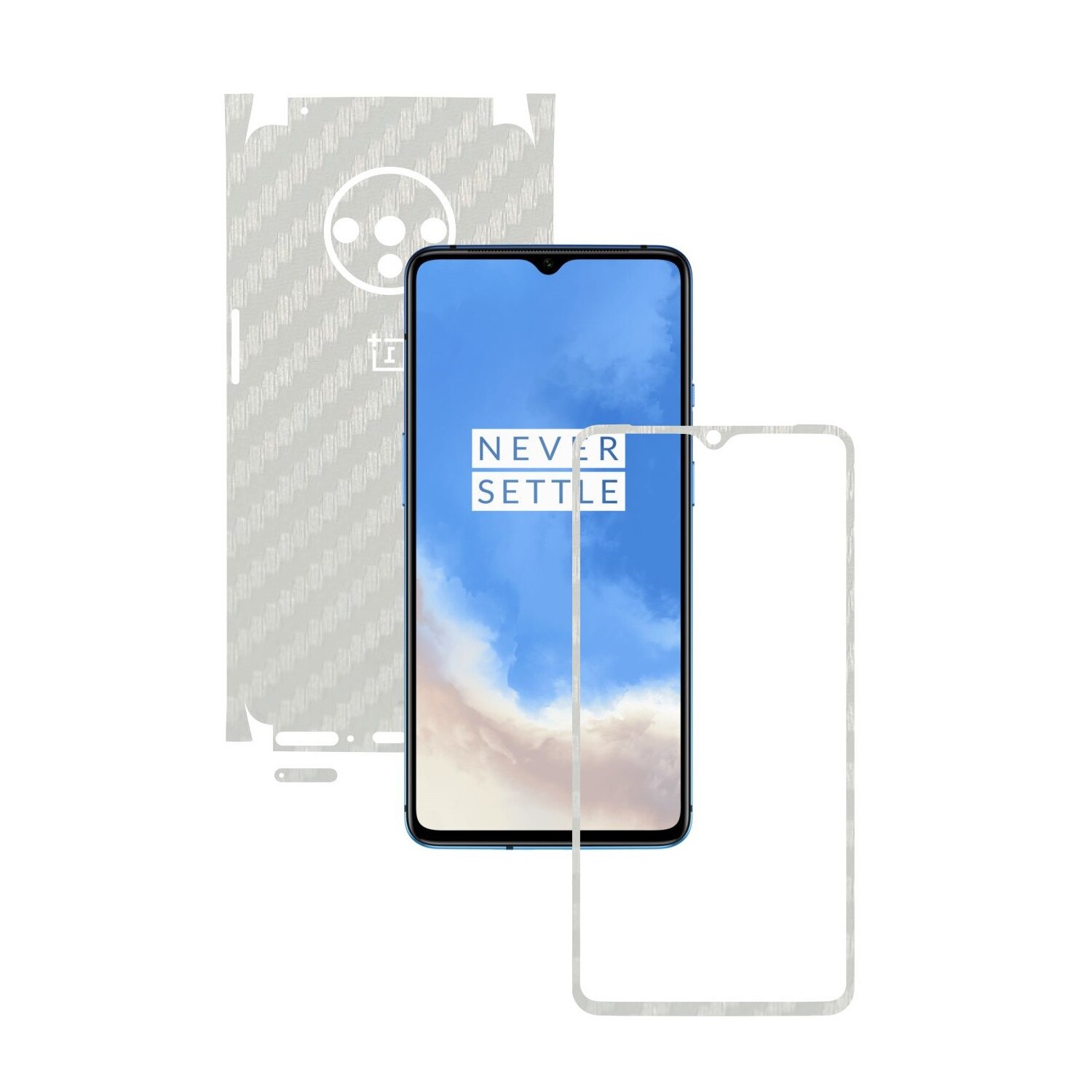 Folie Protectie Carbon Skinz pentru OnePlus 7T - Carbon Alb 360 Cut, Skin Adeziv Full Body Cover pentru Rama Ecran, Carcasa Spate si Laterale