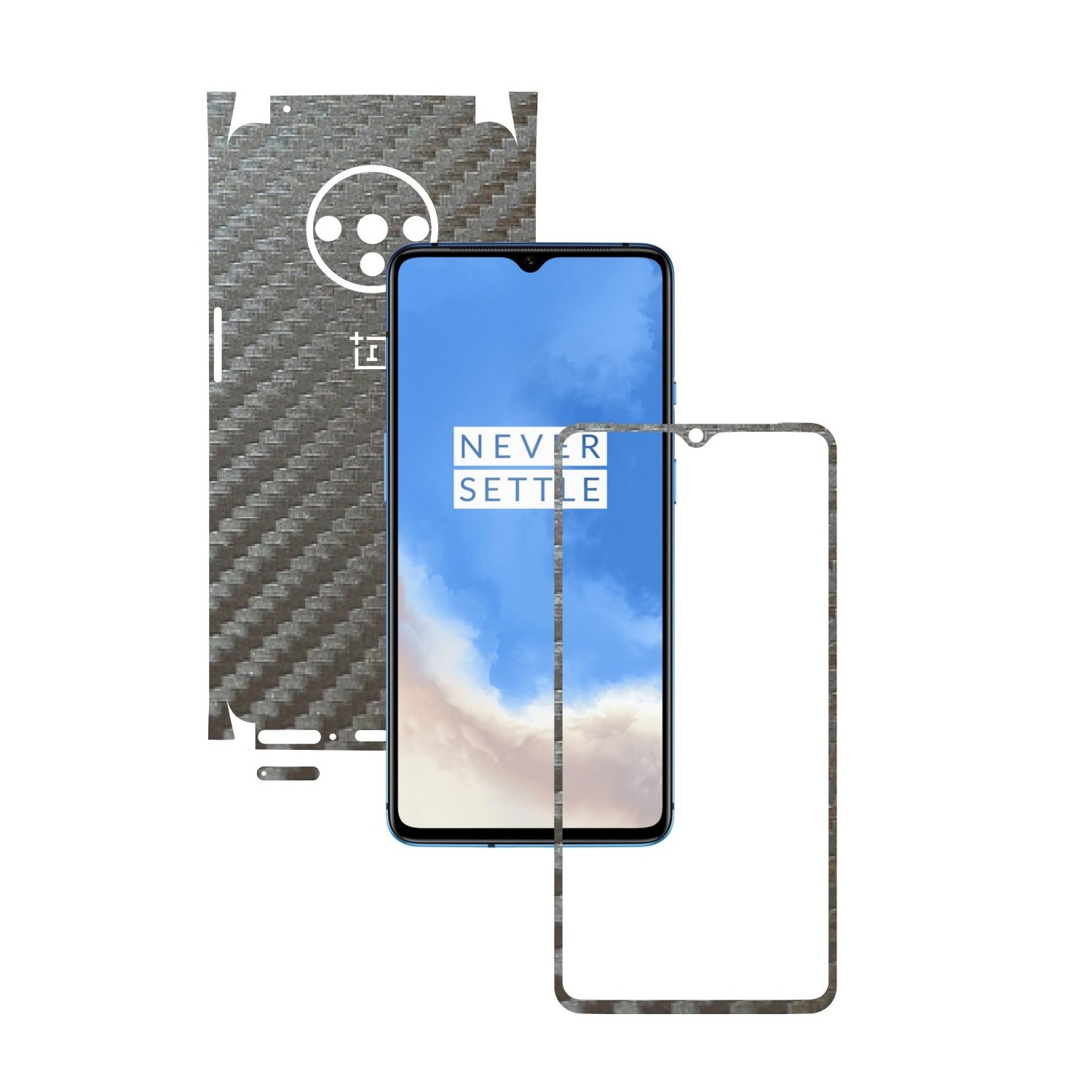 Folie Protectie Carbon Skinz pentru OnePlus 7T - Carbon Gri Argintiu 360 Cut, Skin Adeziv Full Body Cover pentru Rama Ecran, Carcasa Spate si Laterale