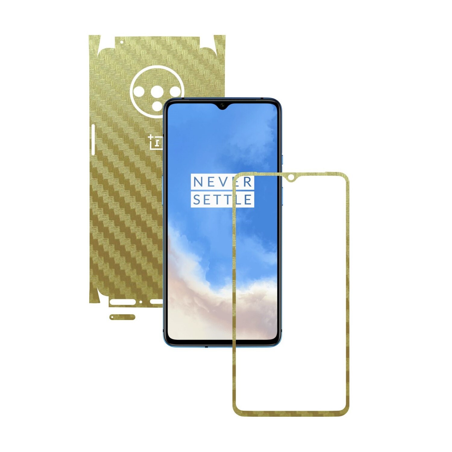 Folie Protectie Carbon Skinz pentru OnePlus 7T - Carbon Auriu 360 Cut, Skin Adeziv Full Body Cover pentru Rama Ecran, Carcasa Spate si Laterale