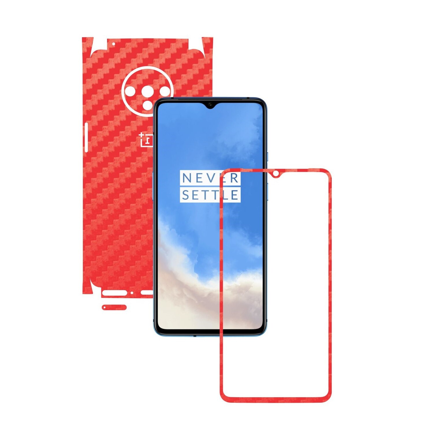 Folie Protectie Carbon Skinz pentru OnePlus 7T - Carbon Rosu 360 Cut, Skin Adeziv Full Body Cover pentru Rama Ecran, Carcasa Spate si Laterale