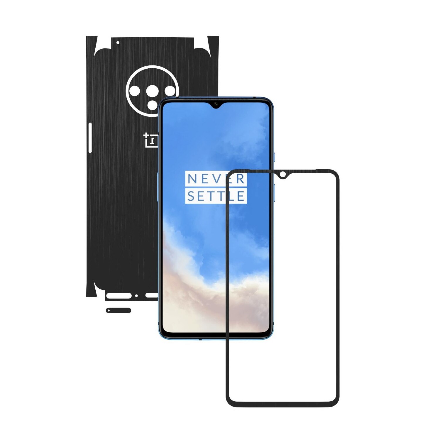 Folie Protectie Carbon Skinz pentru OnePlus 7T - Brushed Negru 360 Cut, Skin Adeziv Full Body Cover pentru Rama Ecran, Carcasa Spate si Laterale