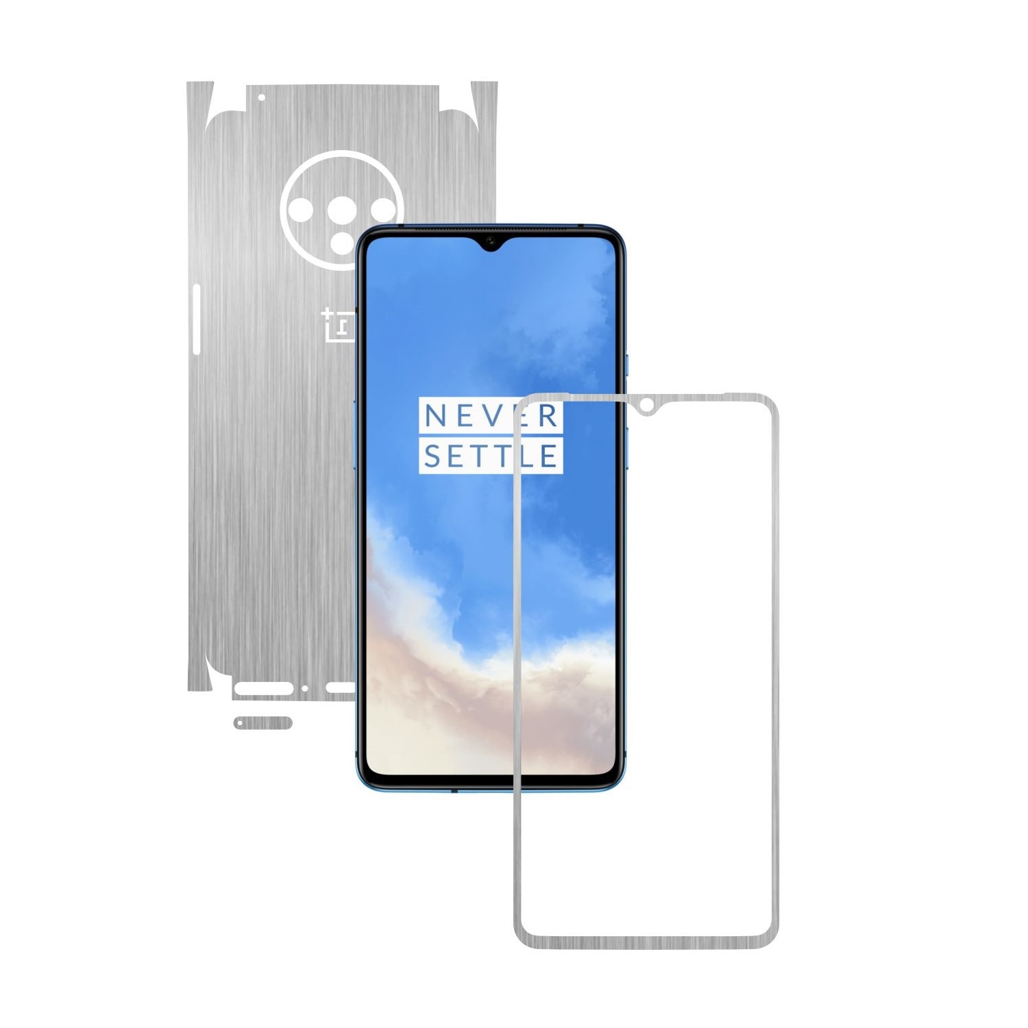 Folie Protectie Carbon Skinz pentru OnePlus 7T - Brushed Argintiu 360 Cut, Skin Adeziv Full Body Cover pentru Rama Ecran, Carcasa Spate si Laterale