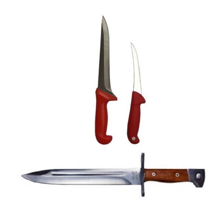 Pachet format din 2 Cutite macelarie profesionale, rosu BRT-03 si un Cutit tip baioneta AK47 34,5 cm