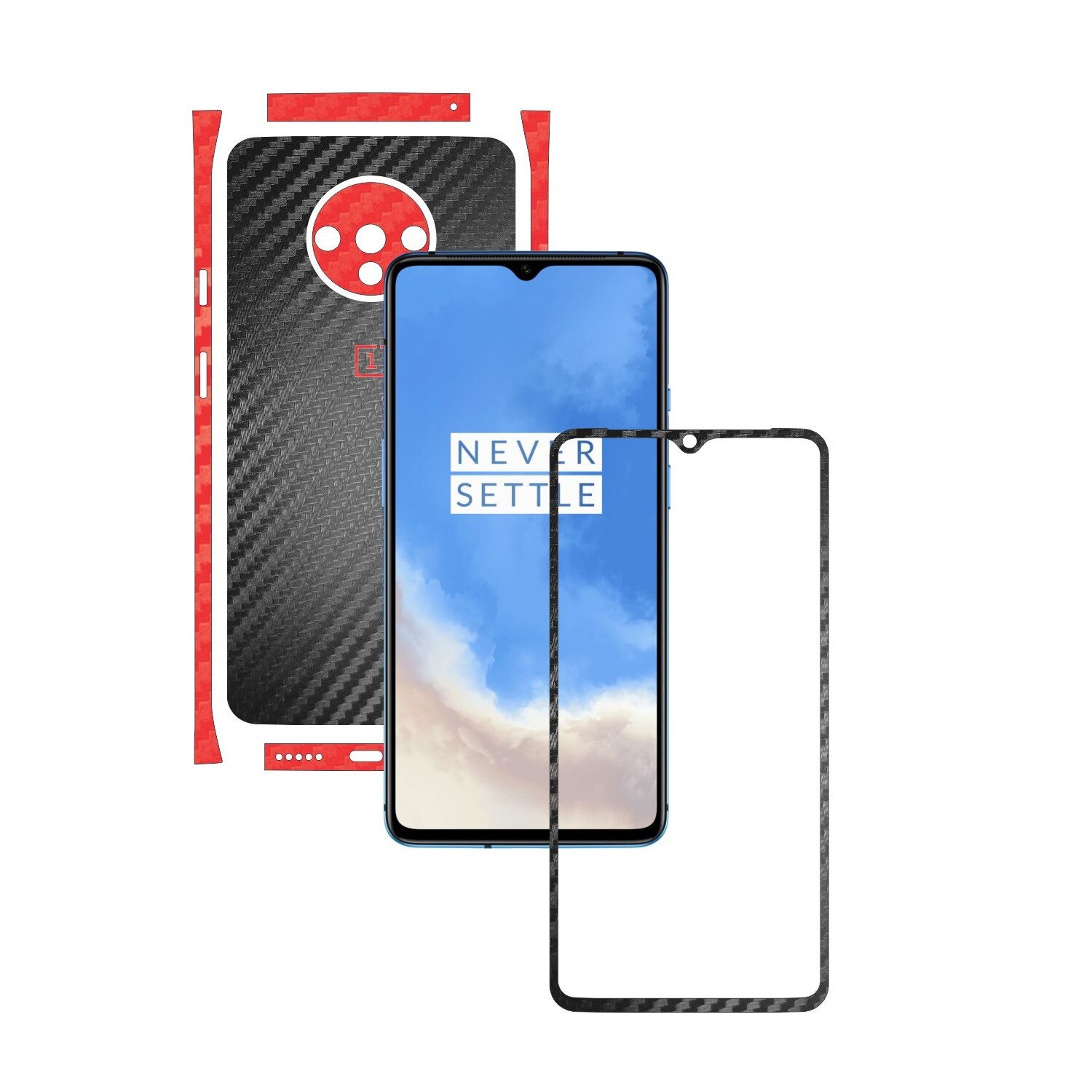Folie Protectie Carbon Skinz pentru OnePlus 7T - Carbon Two Tone Negru / Rosu, Skin Adeziv Full Body Cover pentru Rama Ecran, Carcasa Spate si Laterale