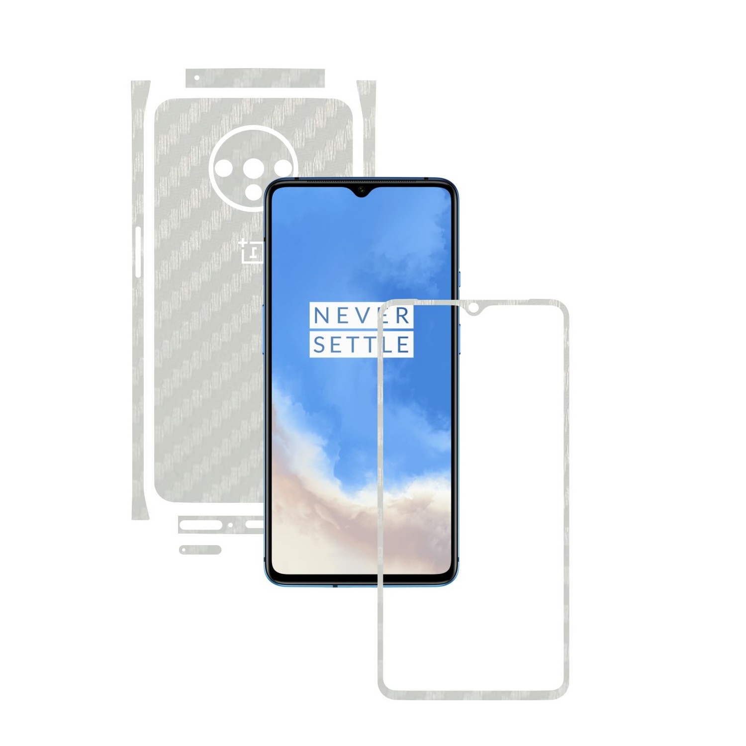 Folie Protectie Carbon Skinz pentru OnePlus 7T - Carbon Alb Split Cut, Skin Adeziv Full Body Cover pentru Rama Ecran, Carcasa Spate si Laterale