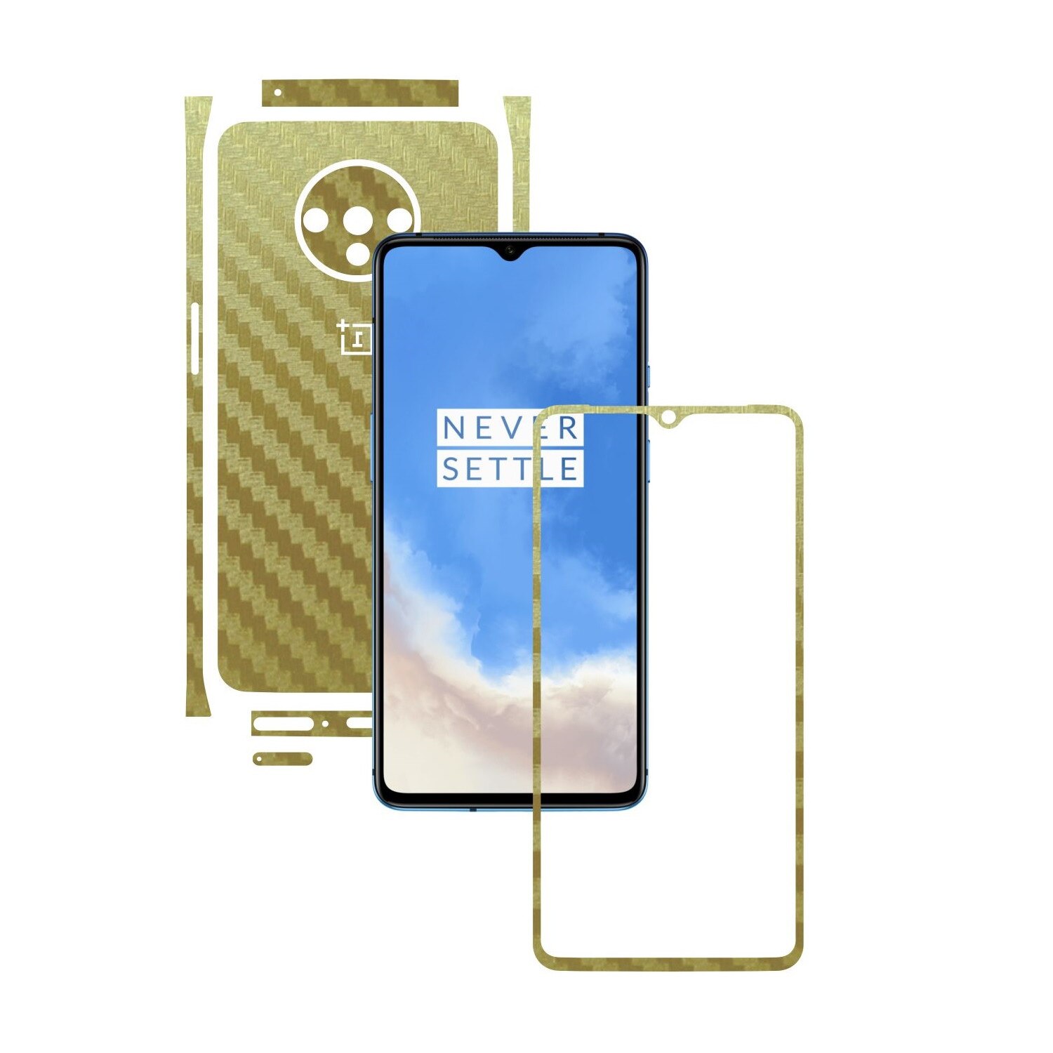 Folie Protectie Carbon Skinz pentru OnePlus 7T - Carbon Auriu Split Cut, Skin Adeziv Full Body Cover pentru Rama Ecran, Carcasa Spate si Laterale