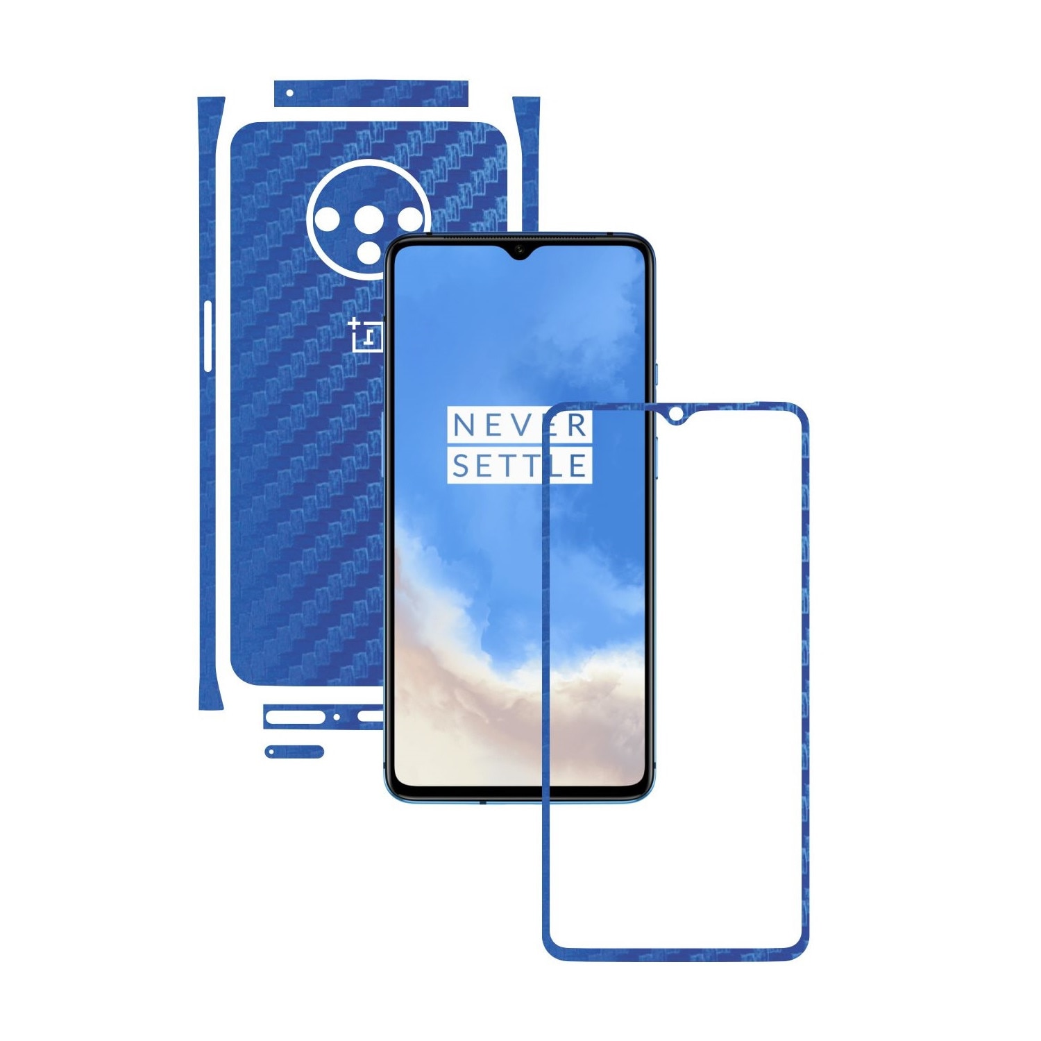 Folie Protectie Carbon Skinz pentru OnePlus 7T - Carbon Albastru Split Cut, Skin Adeziv Full Body Cover pentru Rama Ecran, Carcasa Spate si Laterale