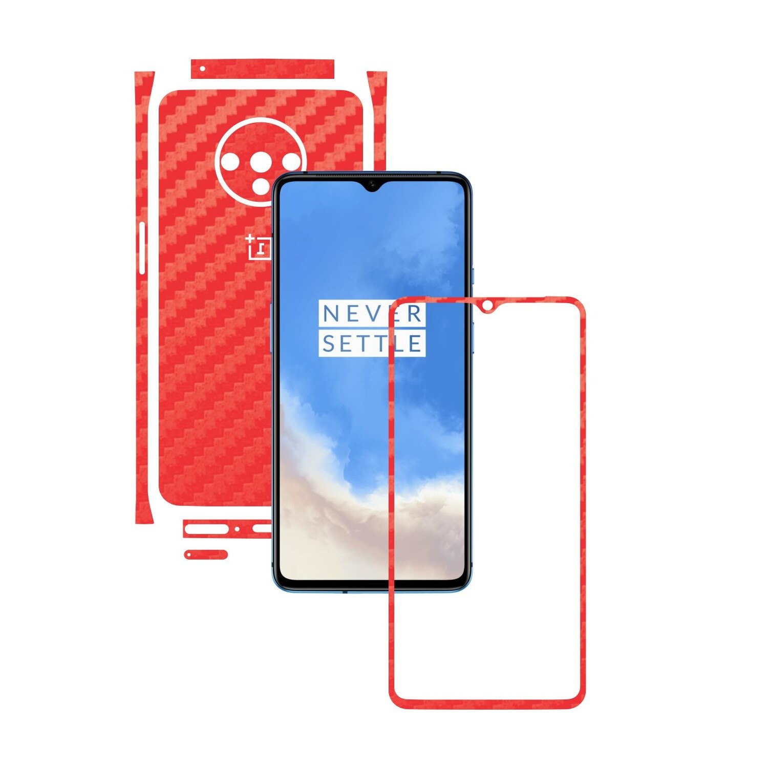 Folie Protectie Carbon Skinz pentru OnePlus 7T - Carbon Rosu Split Cut, Skin Adeziv Full Body Cover pentru Rama Ecran, Carcasa Spate si Laterale