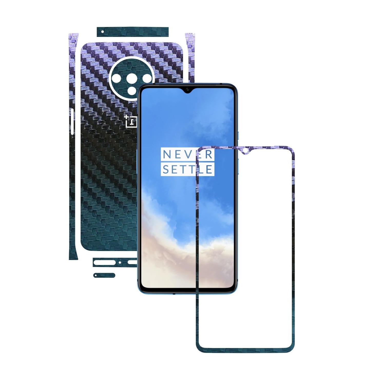 Folie Protectie Carbon Skinz pentru OnePlus 7T - Carbon Cameleon Split Cut, Skin Adeziv Full Body Cover pentru Rama Ecran, Carcasa Spate si Laterale