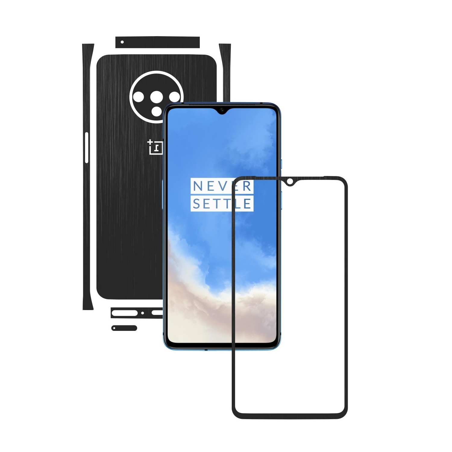 Folie Protectie Carbon Skinz pentru OnePlus 7T - Brushed Negru Split Cut, Skin Adeziv Full Body Cover pentru Rama Ecran, Carcasa Spate si Laterale