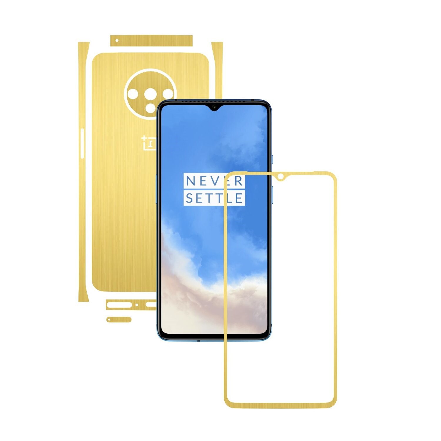 Folie Protectie Carbon Skinz pentru OnePlus 7T - Brushed Auriu Split Cut, Skin Adeziv Full Body Cover pentru Rama Ecran, Carcasa Spate si Laterale
