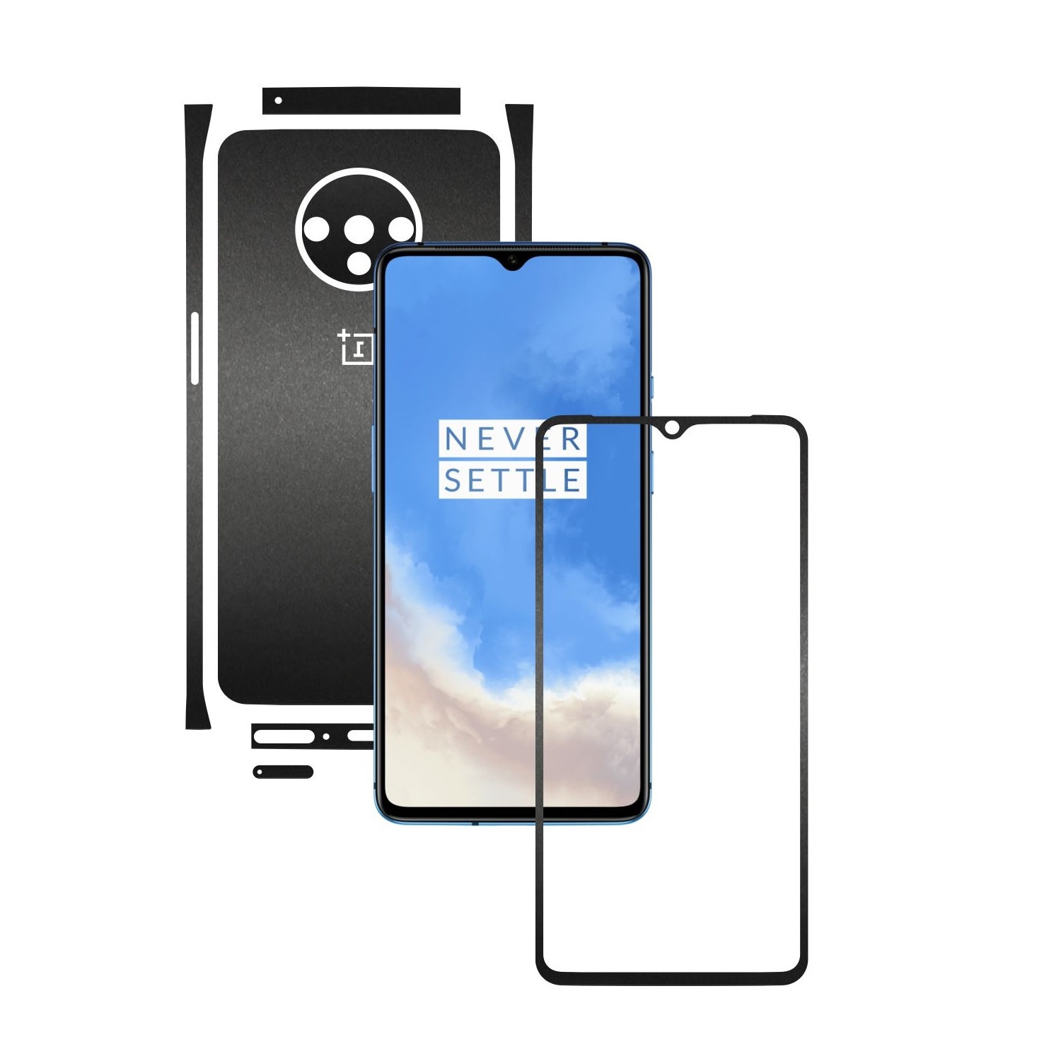 Folie Protectie Carbon Skinz pentru OnePlus 7T - Negru Mat Split Cut, Skin Adeziv Full Body Cover pentru Rama Ecran, Carcasa Spate si Laterale