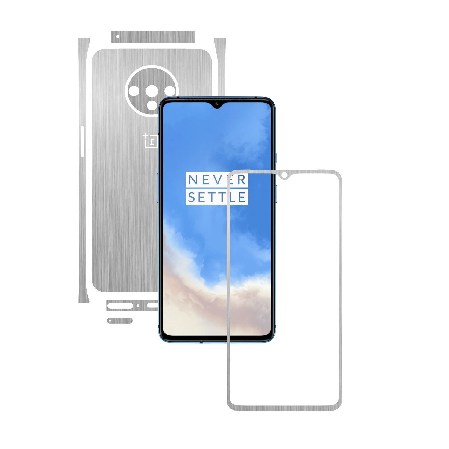 Folie Protectie Carbon Skinz pentru OnePlus 7T - Brushed Argintiu Split Cut, Skin Adeziv Full Body Cover pentru Rama Ecran, Carcasa Spate si Laterale