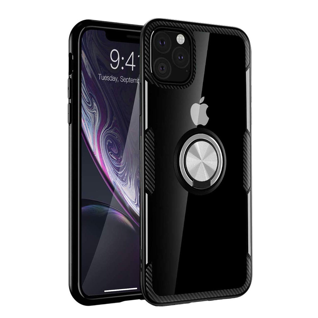 Husa IPhone 11 PRO, Hybrid Antisoc, carcasa cu inel rotativ 360 si Kickstand, Negru