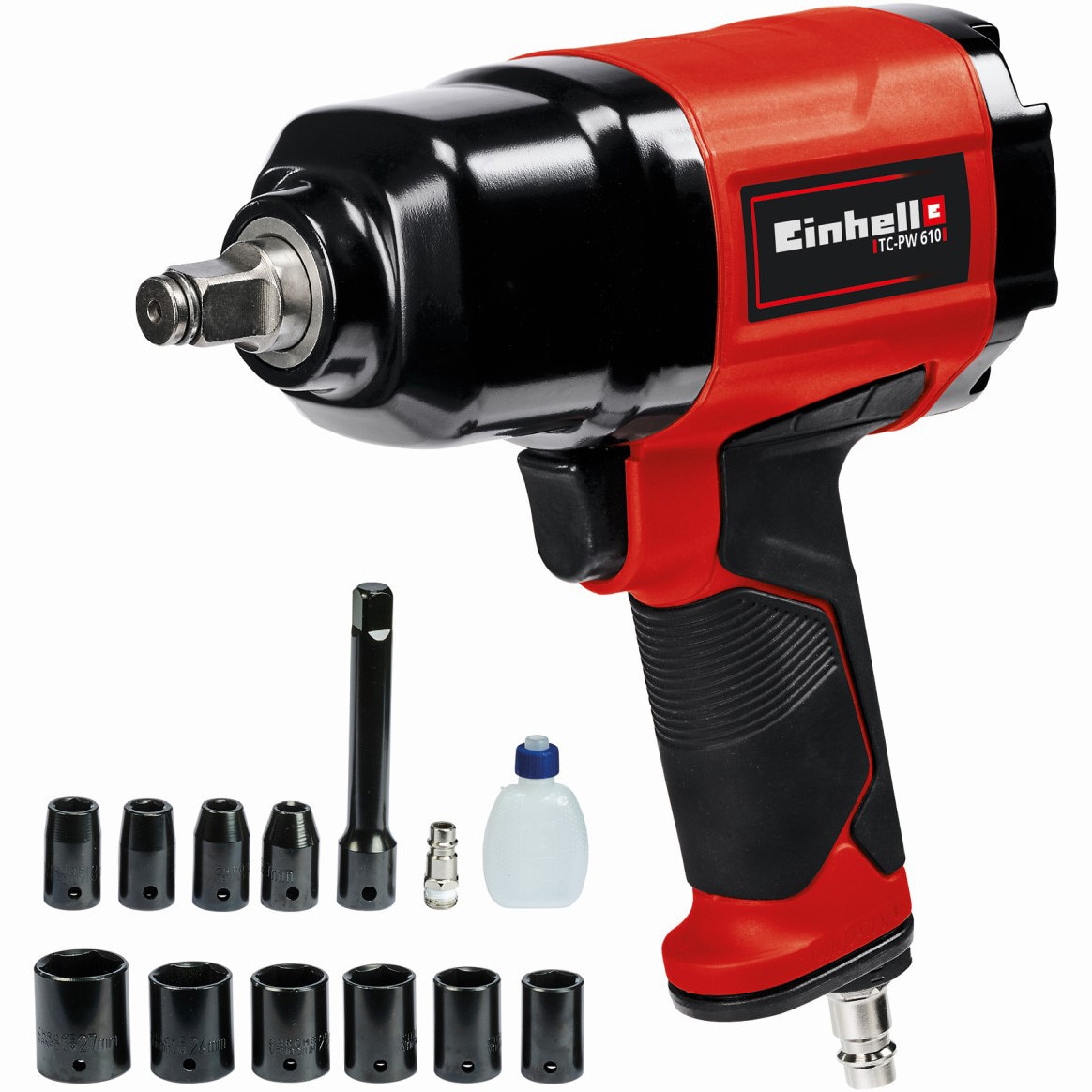 Pistol insurubat pneumatic cu impact pentru compresor Einhell TC-PW 610, 6.3 bar presiune maxima, 142 l/min consum aer, 610 Nm + 10 tubulare
