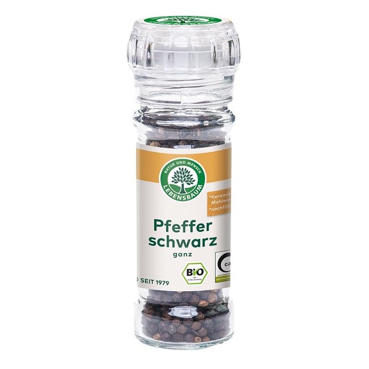 Piper negru in rasnita de sticla bio, 45g, Lebensbaum