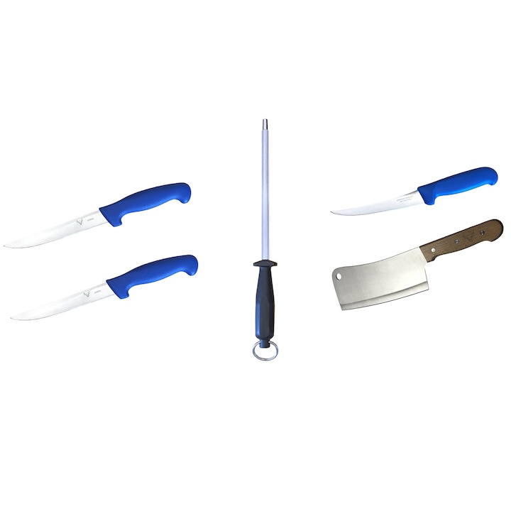 Pachet Profesional pentru Macelarie Butcher-5PCS, 3 Cutite + 1 Satar + 1 Masat pentru Ascutit